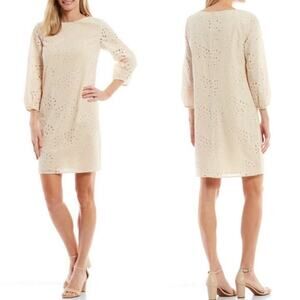 Preston & York Cream Eyelet Lace 3/4 Sleeve Shift Dress Plus Sz 16 Office Dressy